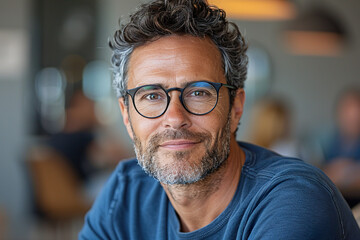 Friendly Man with Glasses and Denim Shirt in Casual Setting