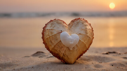 a heart shaped object on the sand near the water