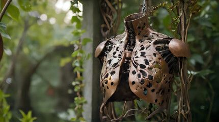 a sculpture of a woman's torso hanging from a tree