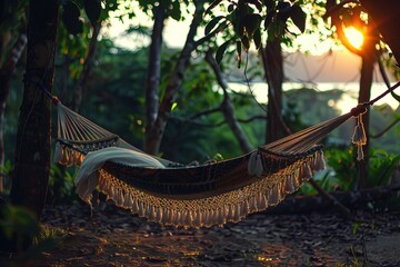 a hammock hanging from a tree in a forest