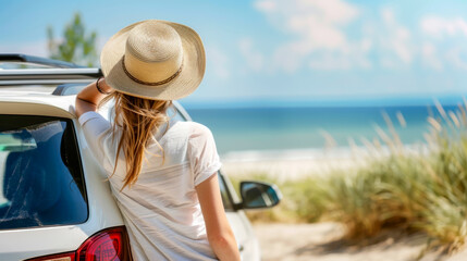 Rear view of relaxed woman with a car and sea background on summer road trip travel.