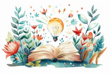 Wall Mural - A watercolor clipart of an open book on a white background with a glowing light bulb above it, surrounded by cute and colorful elements like flowers, stars, and leaves