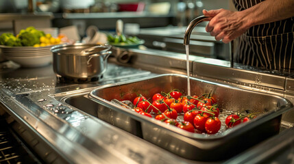 A person is washing tomatoes in a sink