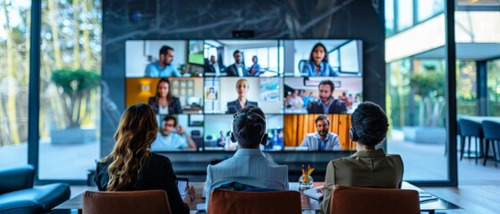 People in a modern office participating in a virtual video conference meeting with colleagues displayed on a large screen.