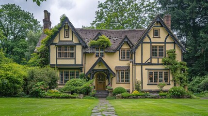 Wall Mural - Picturesque Tudor house with a pale yellow facade and contrasting black timber frames
