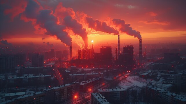 An aerial view of a city at sunset, showing industrial buildings with smoke stacks billowing out dark smoke against a vibrant red sky.