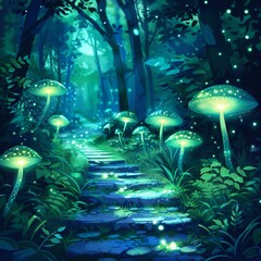 Canvas Print - Enchanted Forest Path with Glowing Mushrooms.