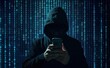 © Stocks Buddy - A hacker wearing hoodie and holding phone on binary code background