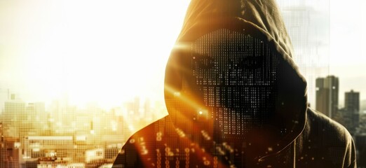 A hooded hacker with binary code on their face