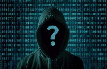 Wall Mural - A hacker in hooded with question mark icon on the face and binary code background