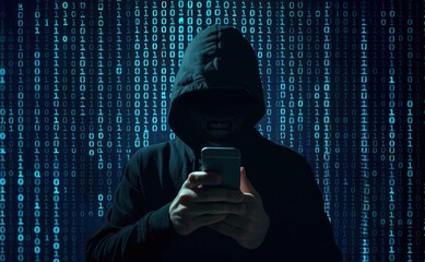 a hacker wearing hoodie and holding phone on binary code background