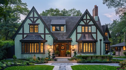Wall Mural - Inviting Tudor cottage with a pale green facade and dark brown wooden beams