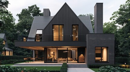 Wall Mural - Modern Tudor house with a sleek black exterior and light grey wood accents