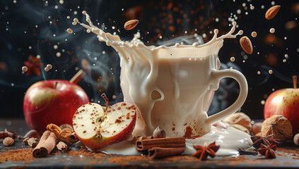 A photo of hot apple cider rocket coffee with milk and cinnamon, surrounded by apples, nuts and chocolate pieces. Created with Ai