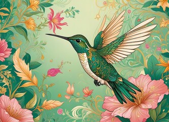 Wall Mural - A vibrant illustration of a hummingbird and pink and gold flowers