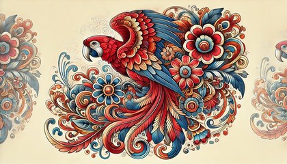 Wall Mural - An intricate and vibrant illustration featuring a Scarlet macaw bird and a variety of elaborately designed flowers