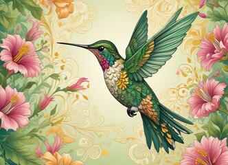 Wall Mural - A vibrant illustration of a hummingbird and beautiful flowers