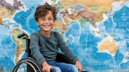 A World of Possibilities: Boy in Wheelchair Smiles Before a World Map