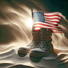 Wall Mural - A pair of military boots is in the sand and holding an American flag fluttering in the breeze