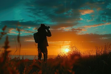 Wall Mural - Photographer silhouette against sunset background.