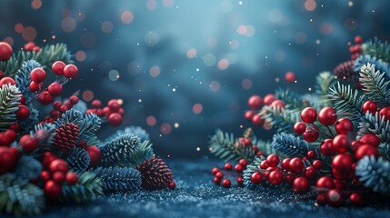 Wall Mural - Festive Evergreen Branches With Red Berries and Sparkling Lights on a Blue Background