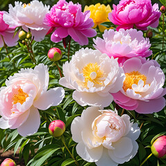 Wall Mural - Beautiful colorful peonies blossoming in a garden on sunny spring day.