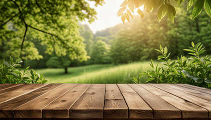 Wall Mural - Empty wooden table and sack tablecloth over blur park, garden outdoor with bokeh light background