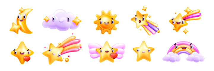 3D cute star icon set, vector cartoon kawaii stickers, funny cloud, adorable smiling rainbow, sun. Kids happy sky characters, falling cosmic objects, baby bedroom decoration mascot. 3D stars clipart