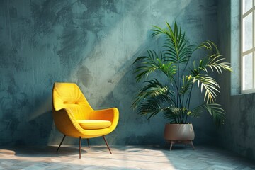 Wall Mural - A single yellow chair sits next to a potted plant, perfect for a cozy home or office