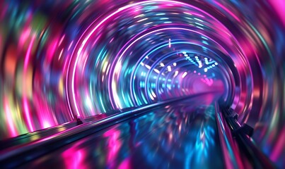 Wall Mural - Abstract High-Speed Data Transfer Tunnel with Pink, Blue, and Green Neon Waves and Glare Lights for Sci-Fi Background