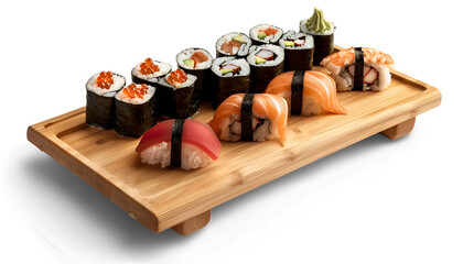 Wall Mural - Wooden board with delicious nigiri sushi isolated on white background
