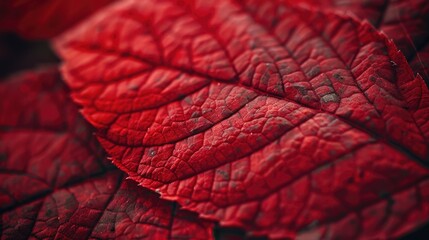 Wall Mural - A close-up shot of a vibrant red leaf against a dark black background, great for using in designs and graphics,