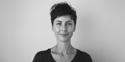 Poster - A black and white photo of a woman with short hair, suitable for use in editorial or creative contexts