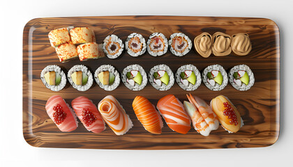 Wall Mural - Wooden board with delicious nigiri sushi isolated on white background