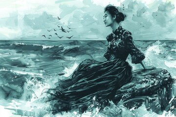 Wall Mural - A woman sits on a rock overlooking the ocean, with calm waters and distant boats