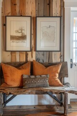 Wall Mural - A wooden bench placed in a cozy living room with two framed pictures on the wall