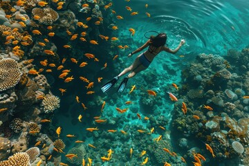 Poster - A person snorkeling in crystal-clear water, surrounded by vibrant coral reefs and tropical fish. 