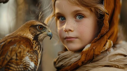 Wall Mural - A young girl holds a bird of prey in her hands, with a natural background