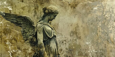 Wall Mural - A white marble angel perched on a stone wall, with intricate details and a serene expression