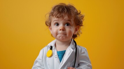 Poster - A curious young child in a lab coat and stethoscope, perfect for medical or educational illustrations