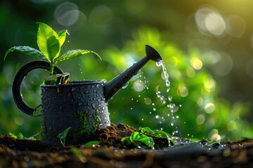 Poster - A watering can with a small plant sprouting out of the spout