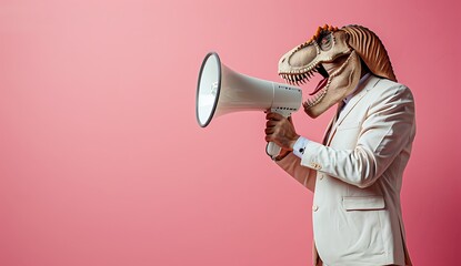 A man in white suit and dinosaur mask holding megaphone on pastel pink background, copy space concept for advertising banner, social media post or web design element. Man with head of tyrannosaurus