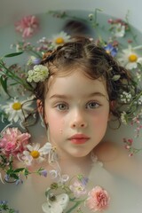 Poster - A young child holds a bouquet of flowers while sitting in a bathtub