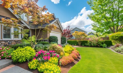 Wall Mural - Beautiful Manicured Lawn with Colorful Flowerbed and Lush Shrubs in a Sunlit Residential House Backyard