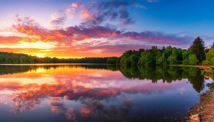 Wall Mural - An image of a vibrant sunset over a serene lake, with colorful reflections shimmering 