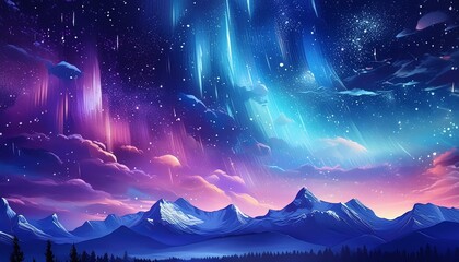 Canvas Print - Beautiful fantasy starry night sky, blue and purple colorful, galaxy and aurora 4k wallpaper