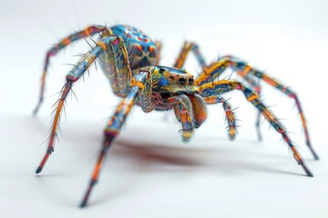 Canvas Print - A colorful spider sits on top of a white surface, waiting for its next prey