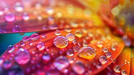 Aufkleber - A close-up shot of colorful water droplets on a vibrant flower petal.