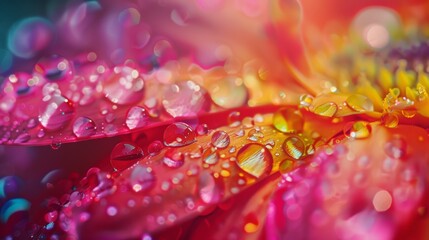 Aufkleber - A close-up shot of colorful water droplets on a vibrant flower petal.