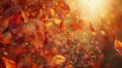 Wall Mural - Vivid close up view of autumn leaves falling with bright backlight from sun setting